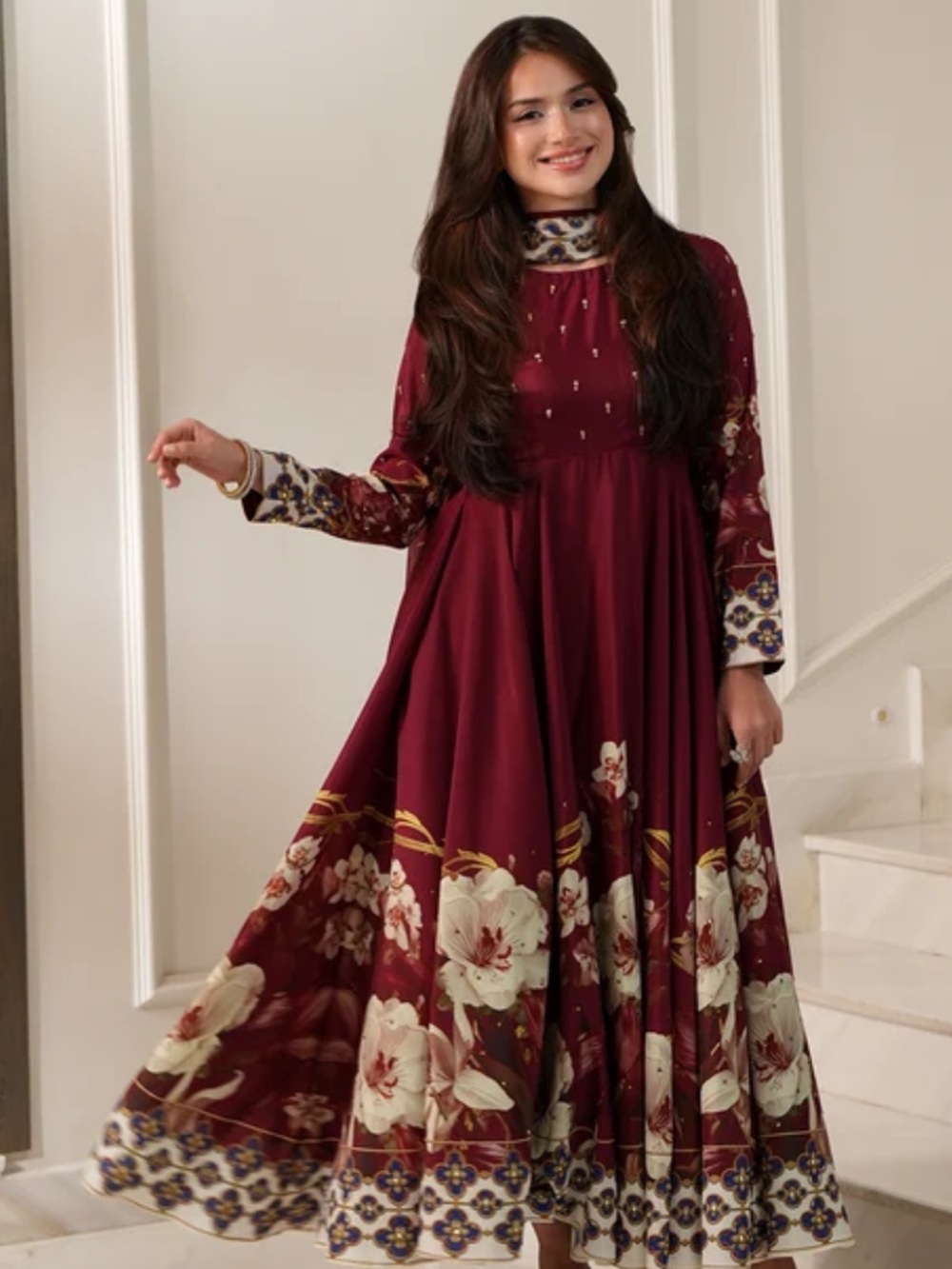 Lulu's Maroon Floral Border Long Sleeve Maxi Dress
